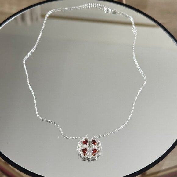 Silver 924 Four Reds Heart Magnetic Chain Clover Handmade 18” - Picture 3 of 11